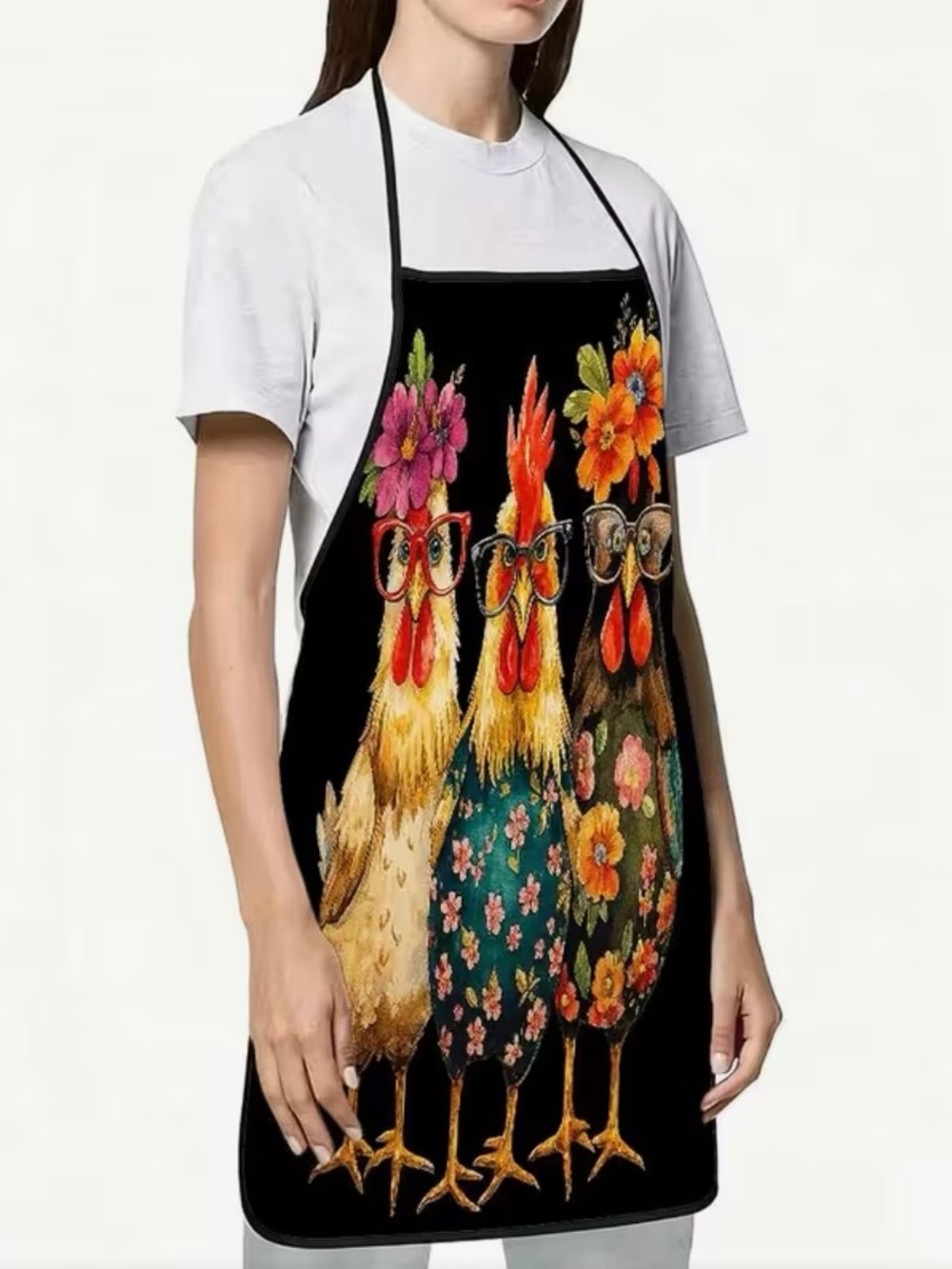 Whimsical Floral Chickens Black Kitchen Apron - Picture 2 of 3